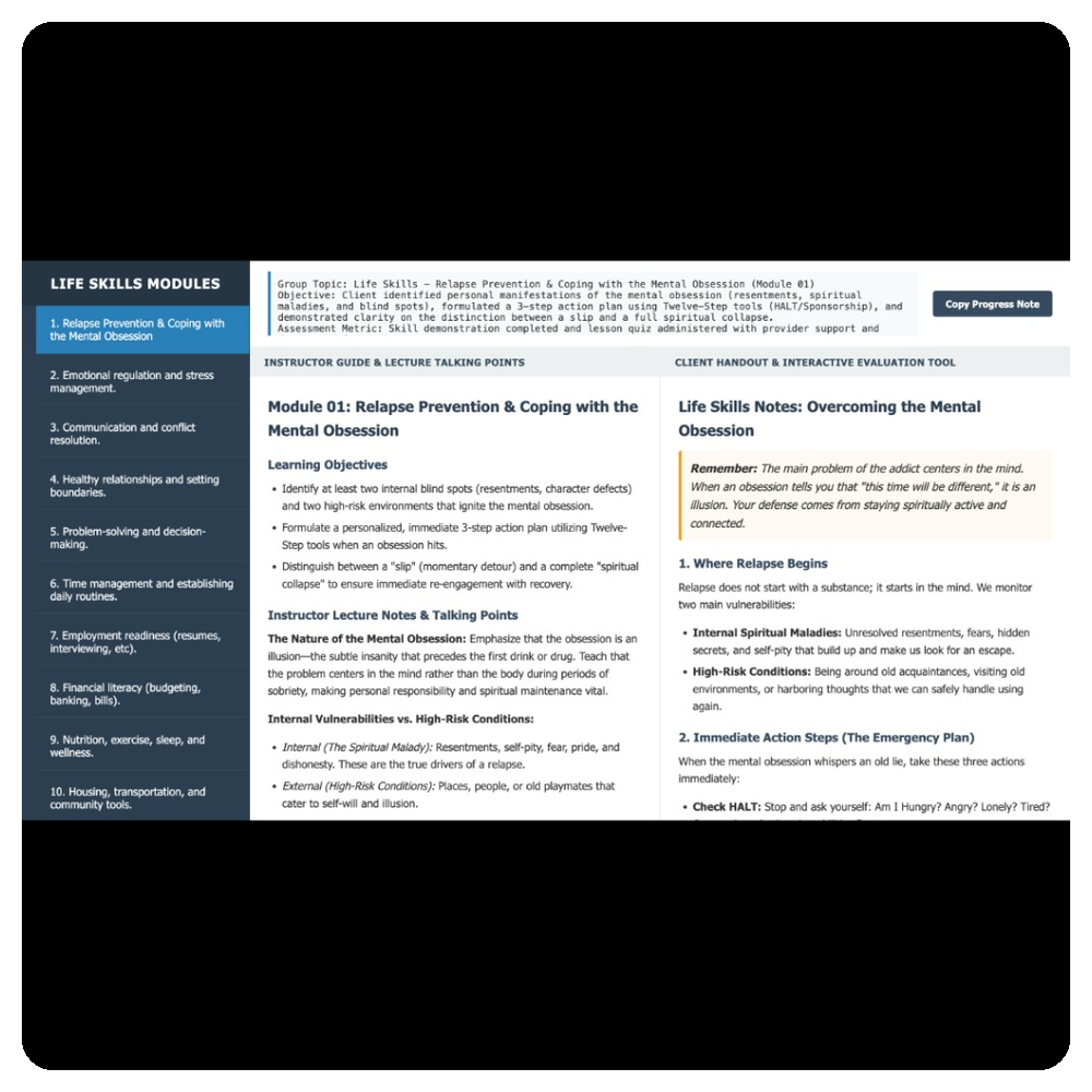 LifeSkillsPlus module view with instructor guide and client handout