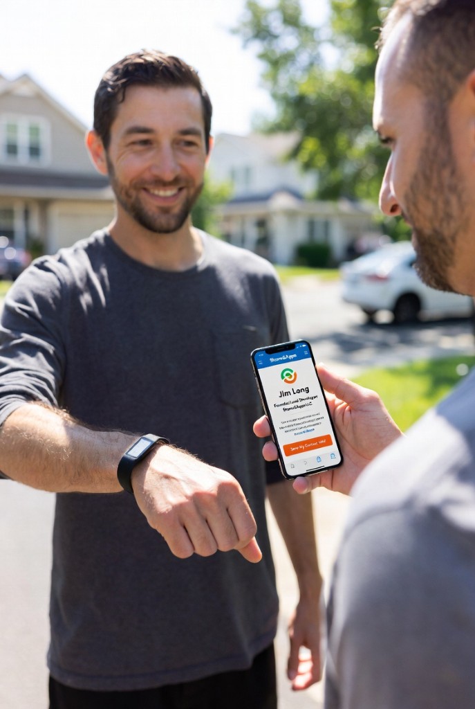 Two people networking outdoors while a phone displays a digital contact card