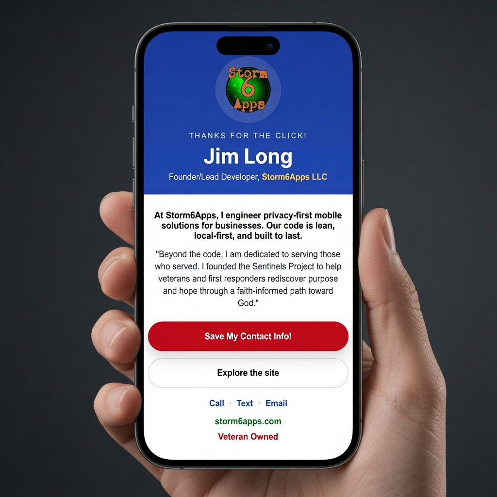 Phone showing a Storm6Apps marketing splash page with Save My Contact Info button